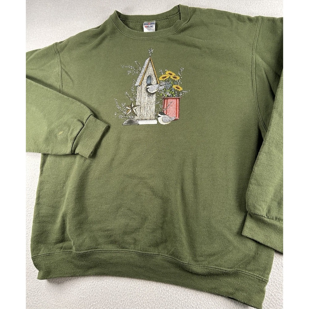 Vtg Jerzees 90's Grandma Crewneck Sweater Birdhouse Sunflower LARGE Green